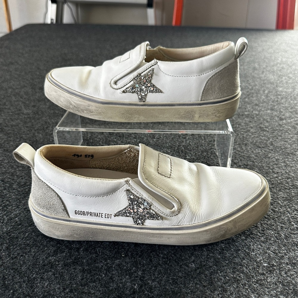 Golden Goose Hanami White Leather Glitter Star Slip On Sneakers Size 37 GGDB